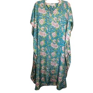Erika Taylor Intimates Turquoise and Pink Kaftan House Dress nightgown Medium